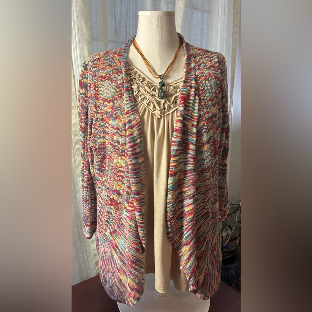 Roz & Ali Multicolor Open-Front Knit Cardigan